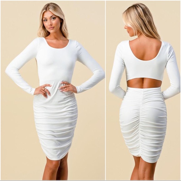 Infinity Raine Dresses & Skirts - Appealing Ruched Long Sleeve Dress-Wht